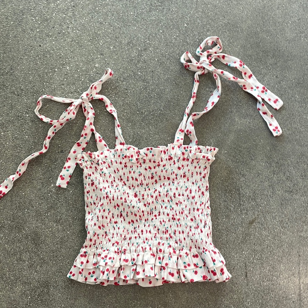 EM & ELLE ruched floral tank top with tie straps